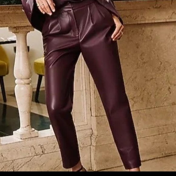 EXPRESS SUPER HIGH WAIST ANKLE FAUX LEATHER PLEATED DARK PURPLE PANTS $108 10 R - Picture 4 of 12